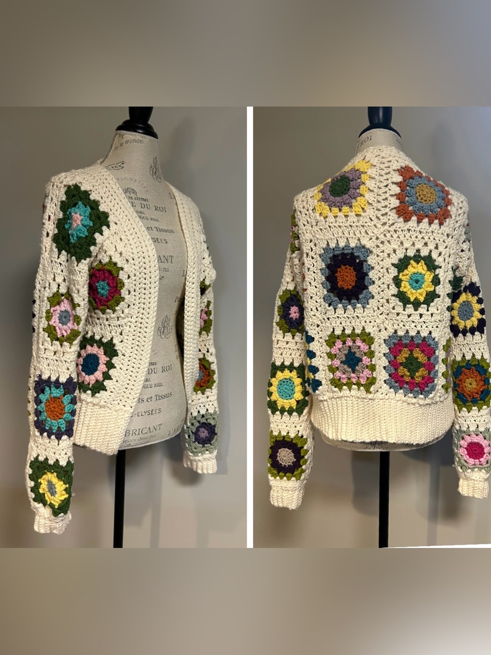 Handmade Multicolor Granny Square Crochet Open Cardigan Boho Knit Sweater